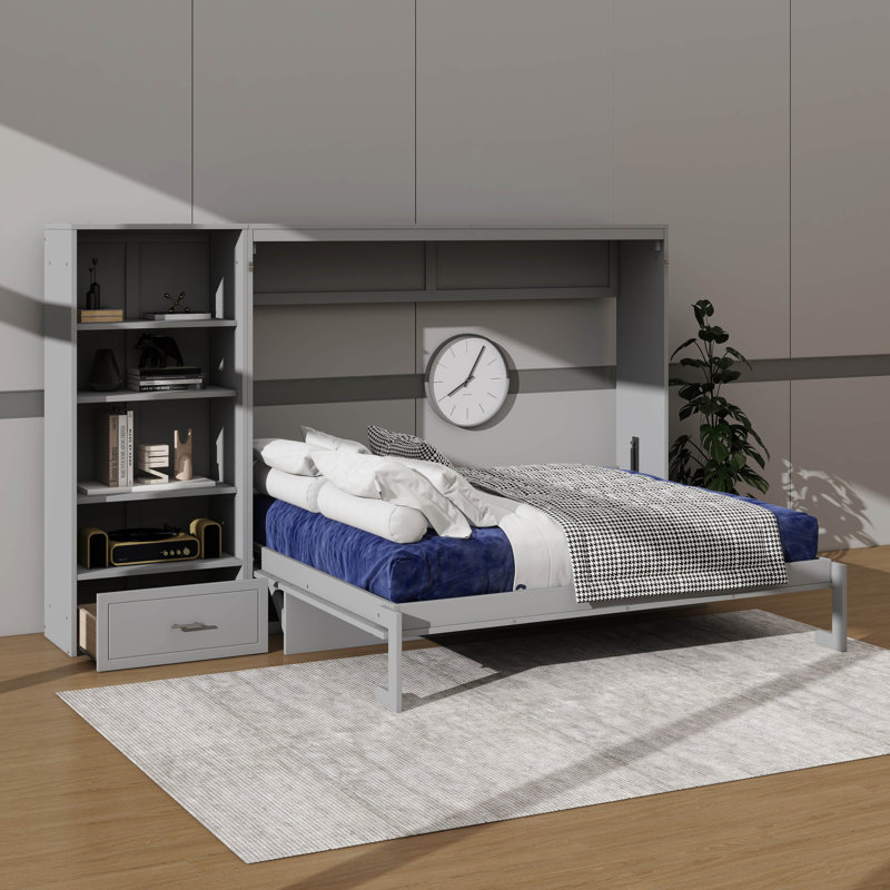 Grand lit escamotable avec rangement et tablette à hauteur réglable, cadre de lit mural avec tiroir simple, gris