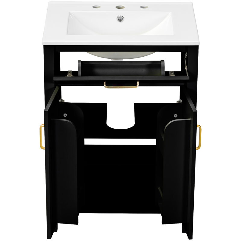 Meuble-lavabo de 61 cm (24 po) - Design luxueux en bois massif noir et lavabo en céramique. Deux portes à fermeture en douceur pour plus de commodité. Construction compacte. Finition soignée. Poignées dorées. Portes. Rangement pratique.