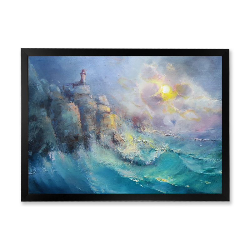 Phare au-dessus de l'horizon de la mer II - reproduction d'art sur toile, Cadre noir, H 8 po x l 12 po x P 1 po