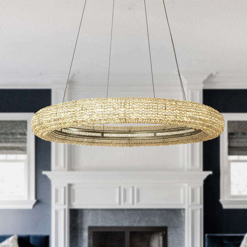 Calarojo 32 inch Unique/Statement Silver LED Wagon Wheel Chandelier With Crystal Beads Accents