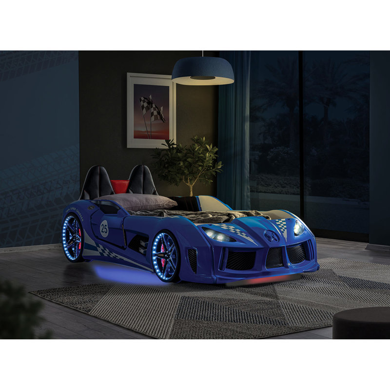 Lit de voiture de course bleu moderne avec revêtement, portes magnétiques, lumières DEL, phares comme télécommande de nuit 4 avec design novateur, lumières sur roues, tête de lit tapissier, options