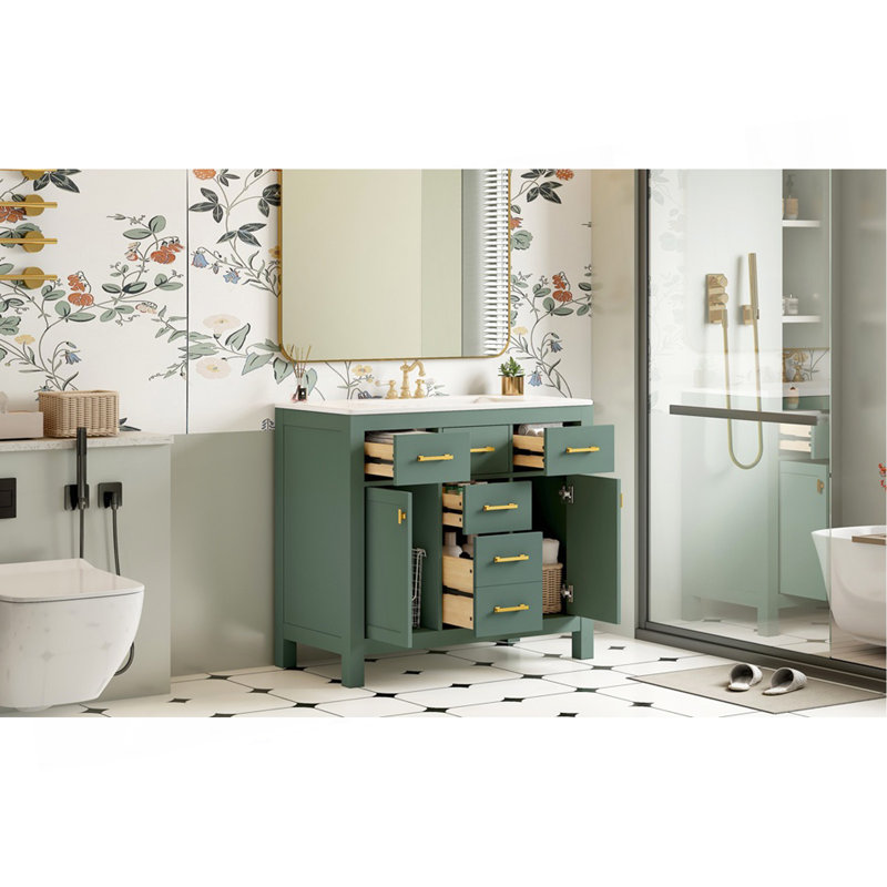 Ensemble de meuble-lavabo simple 36 po avec lavabo en céramique 36 po, armoire de salle de bain moderne autoportante avec 4 tiroirs et 2 armoires, meuble de rangement pour salle de bain, ensemble de meuble-lavabo avec cadre en bois massif, vert