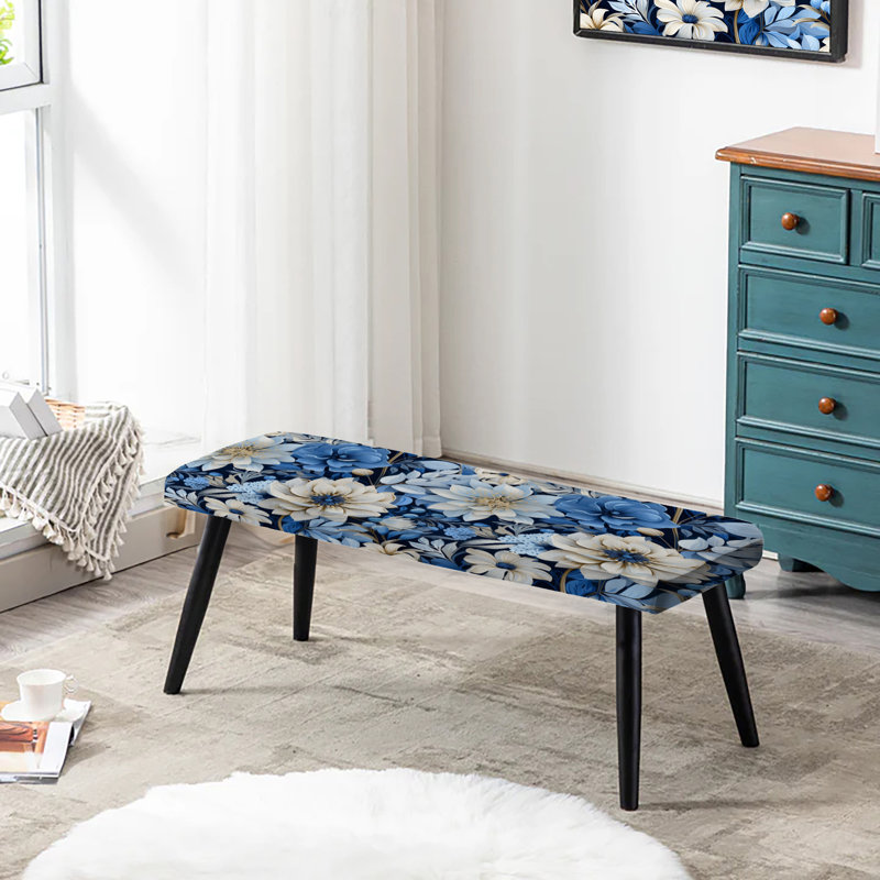 Banc rembourré floral noir Truong, Motif de pivoines bleues et blanches enchantées