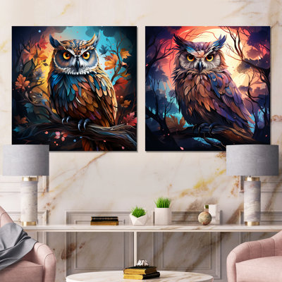 «Blue and Orange Mysterious Owl Forest I - Owl», ensemble de 2 reproductions d'art en métal