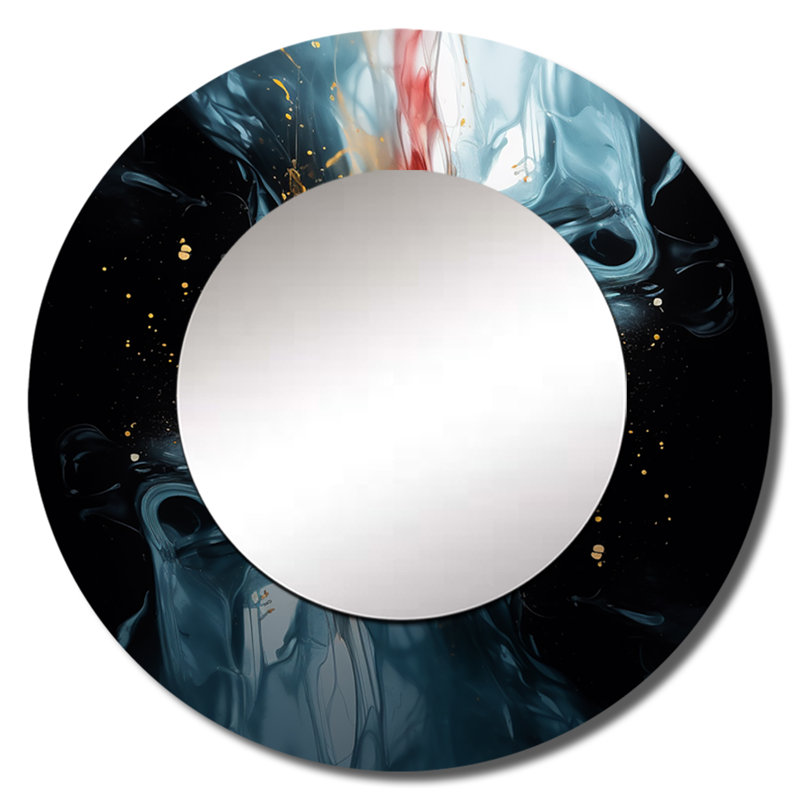Quartermon jaune et bleu réimaginé réalités - grand miroir géométrique, décor de miroir mural rond unique moderne, art imprimé en métal