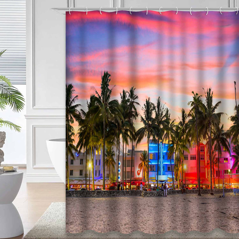 Rideau de douche art déco avec 12 crochets Florida Beach Ocean Sunset, L 72 po x l 72 po