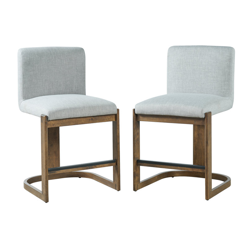 Tabourets de comptoir rembourrés en bois d'hévéa massif Modern Modern, Coussin gris clair / structure en noyer