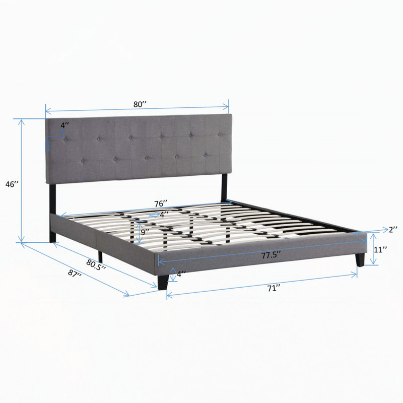 King Size Upholstered Platform Bed Frame with Button Tufted Linen Fabric Headboard, No Box Spring Needed, Wood Slat Support, Easy Assembly, Gray
