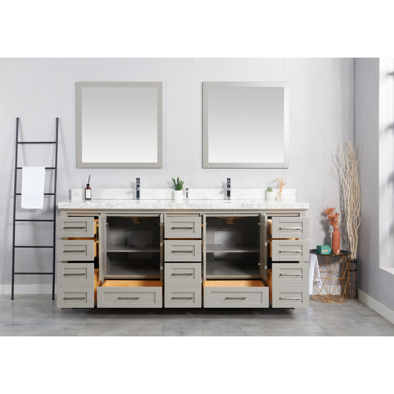Eser 84'' Double Bathroom Vanity with Top, Straight White Quartz, Elephant Skin Gray