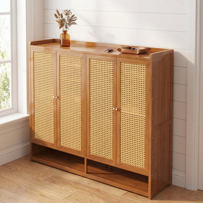 7 Tiers 32 Pairs Shoe Rack, Bamboo Shoes Storage Cabinet With Rattan Doors, Free Standing Organizer For Entryway
