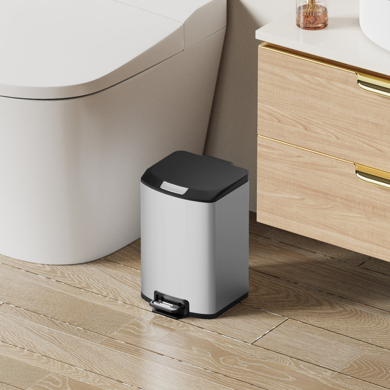Poubelle de salle de bain 1,6 gallon, poubelle en acier inoxydable à fermeture en douceur avec ouverture carrée large et doublure intérieure amovible, pour la cuisine, la salle de bain, la chambre à coucher, le bureau personnel (argent)