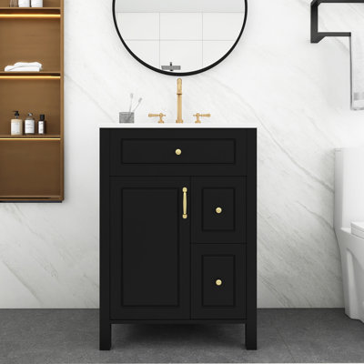 24 po Meuble-lavabo autoportant en bois avec tiroirs, supports de rangement doubles