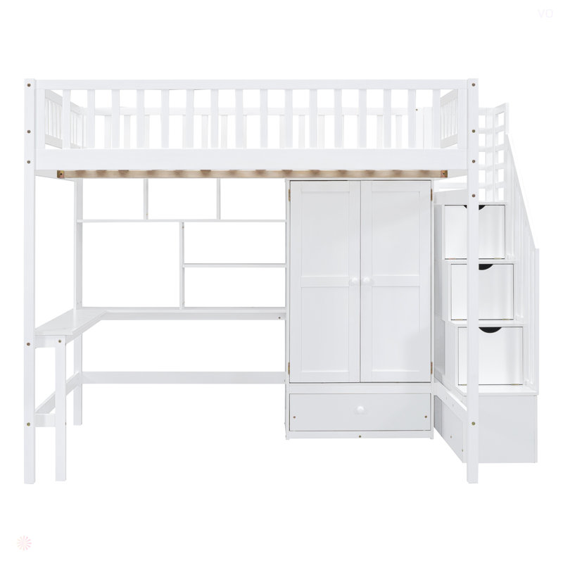 Lit mezzanine avec bibliothèque, tiroirs, bureau et garde-robe, Blanc