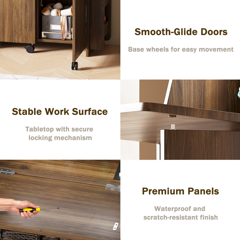 Meuble pliable pour machine à coudre, table de couture avec rangement pour petits espaces, Brun