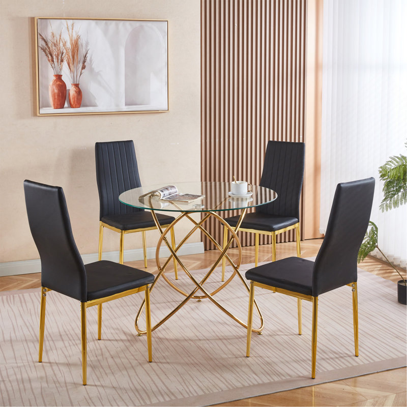 Ensemble de salle à manger 1 + 4,5 pièces, table de salle à manger Mid-Century pour 4 à 6 personnes avec plateau en verre, table de salle à manger à piédestal, table basse de loisirs.