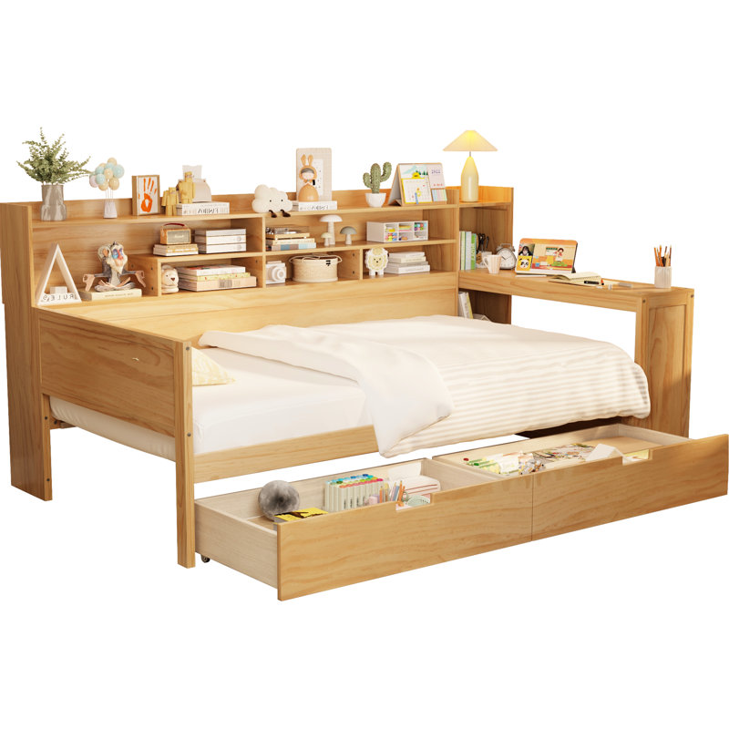 Lit de jour simple avec rangement pratique et bureau d'étude en bois