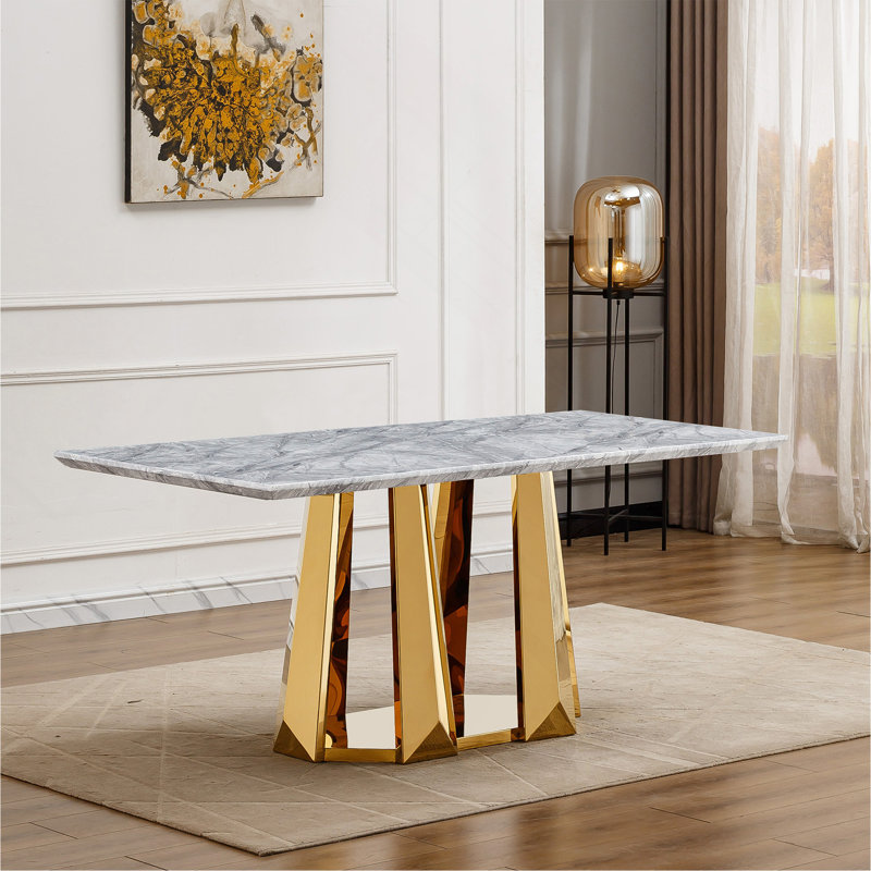 70" Rectangle Faux Marble Dining Table, Gold, Gray