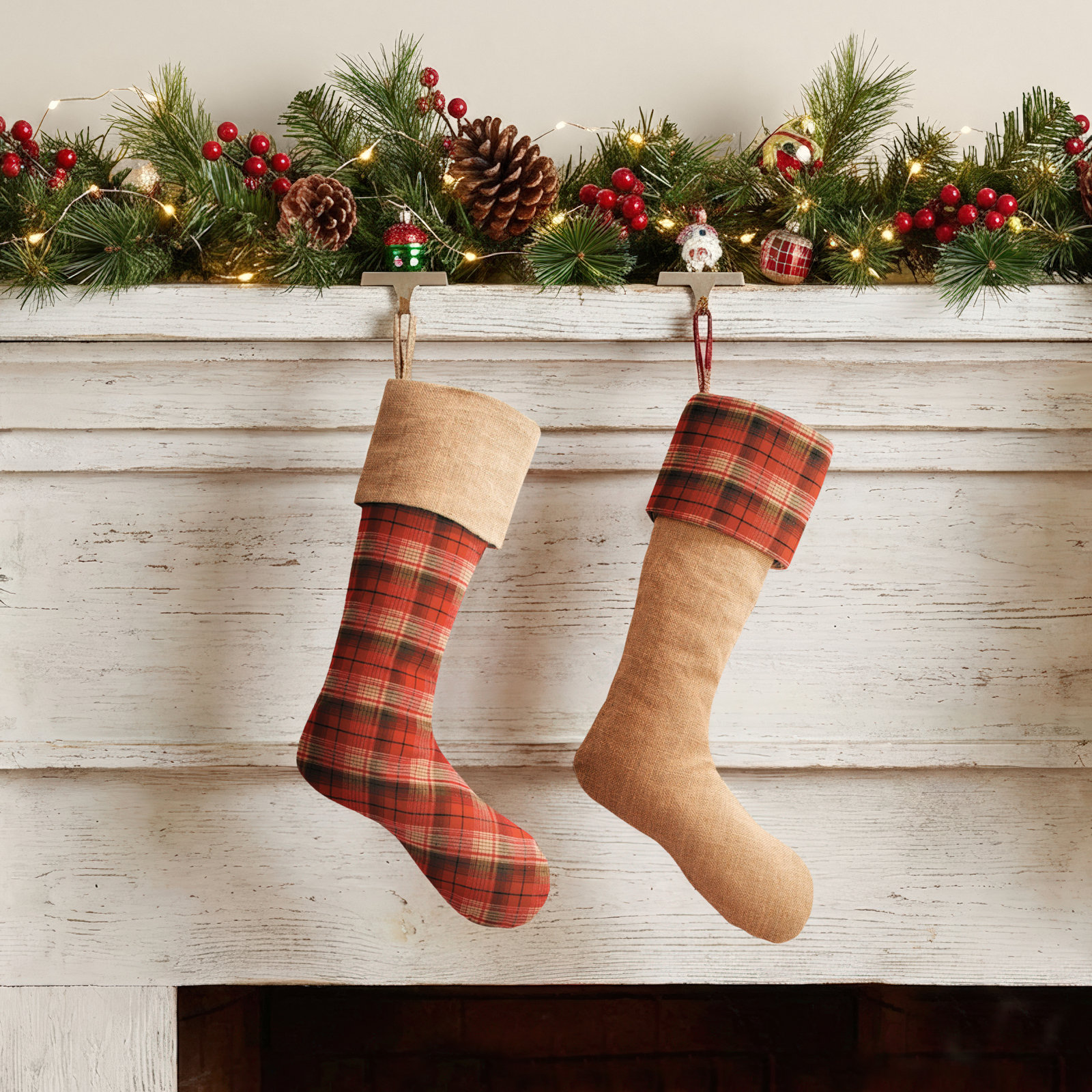 Plaid and Burlap Flannel Holiday Stockings in Red and Moss, Set of 2