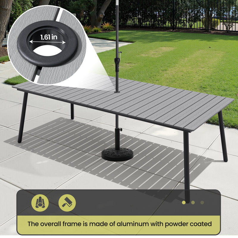 Table de salle à manger de patio avec trou pour parasol, H 29,13 po x L 94,5 po x l 42,12 po, Gris foncé