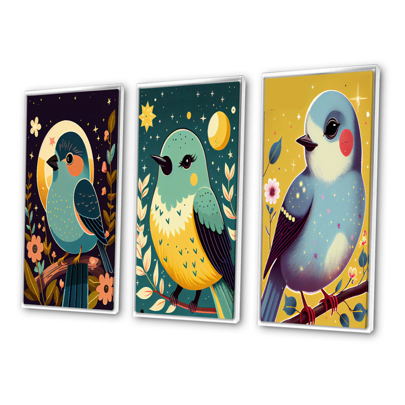 "Mignon oiseau bleu assis sur une branche" - 3 pièces sur toile, Blanc, H 32 po x l 48 po