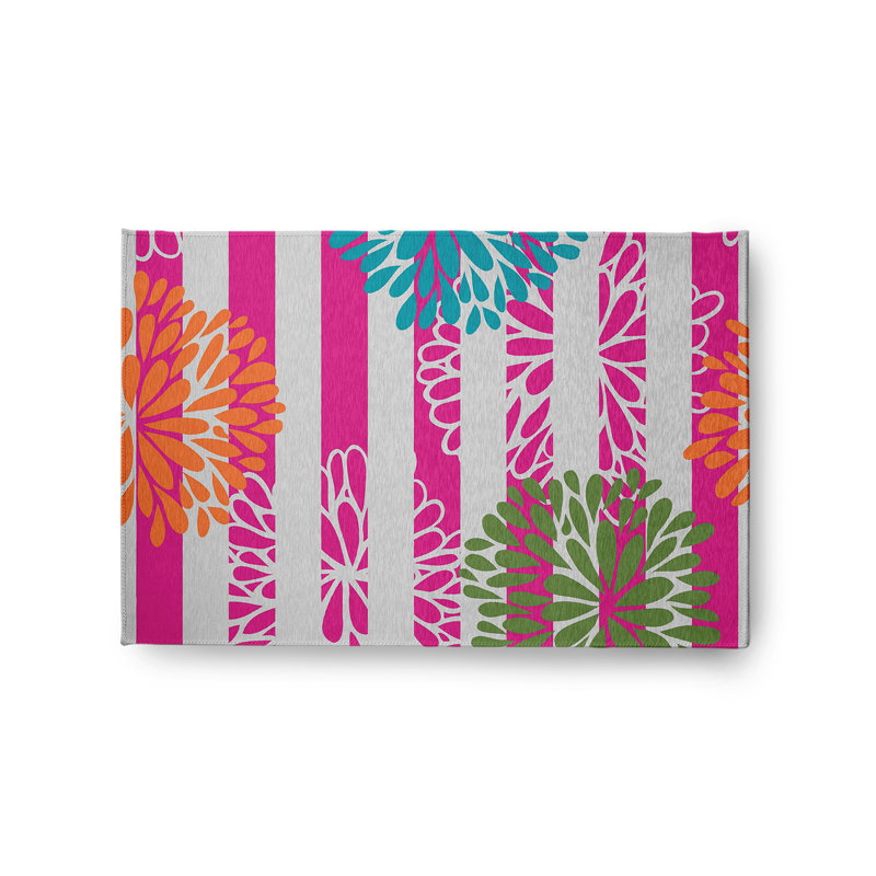 Tapis rayé en chenille tissé à la machine en bleu / rose / blanc Hidemabo, Rectangle 2 pi x 3 pi