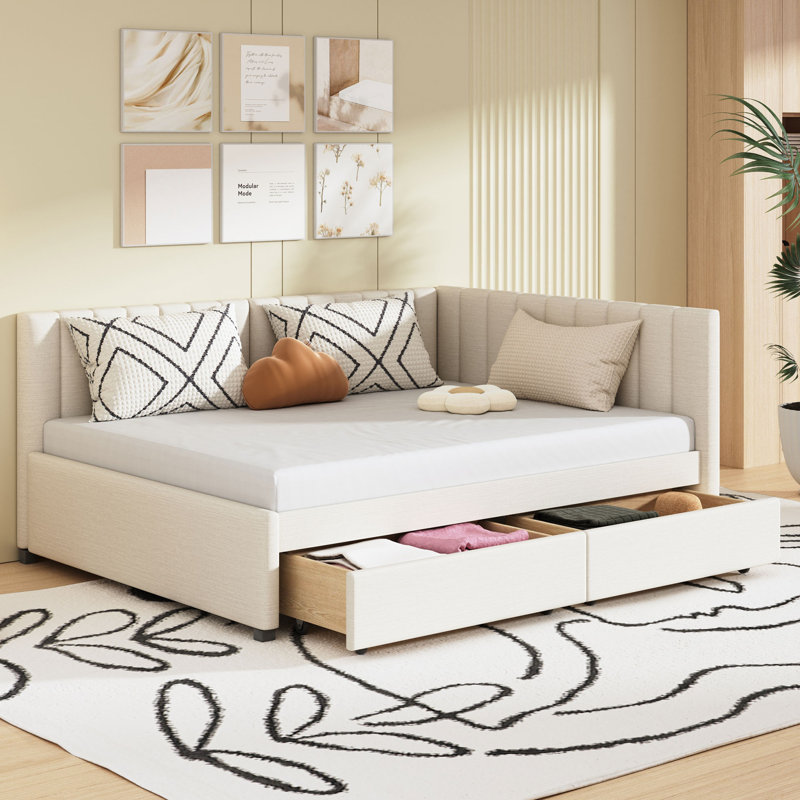 Beige Linen Upholstered Full Size Daybed Sofa Bed with 2 Storage Drawers, Wood Slat Support, No Box Spring Needed, Beige