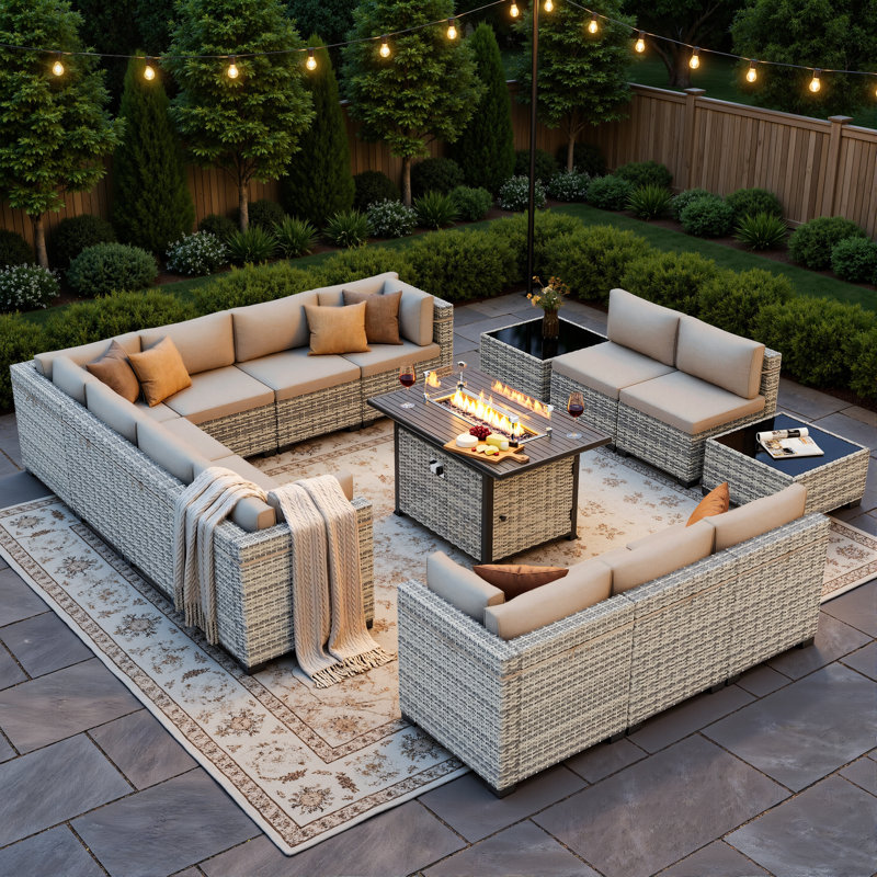 Ensemble de mobilier d'extérieur modulaire 15 pièces avec table de foyer d'extérieur 55 000 BTU et siège modulaire en osier