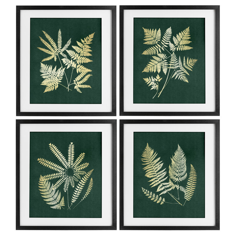 «Luminous Fern Leaves», ensemble de 4 impressions encadrées sous verre, conception de JJ Design House LLC, Cadre noir minuit