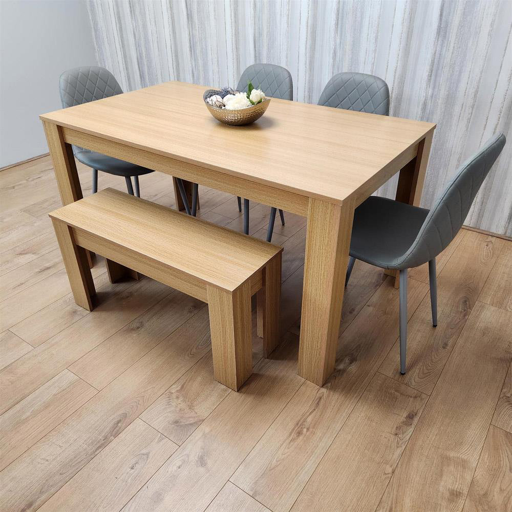 6 Seater Modern Light Wood Dining Table Set with 4 Gem Pattern Chairs and Bench H75 x L140 x W80 cm