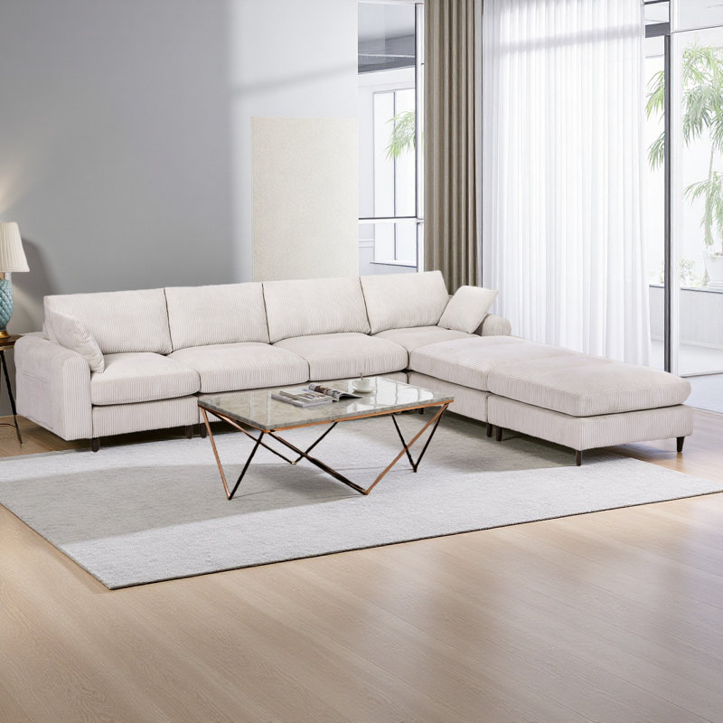 Modern Corduroy Modular Section Sofa, U-Shaped Convertible L-Shaped Sofa Set With Pillow, Oversized Sectional Sofa With Footstool