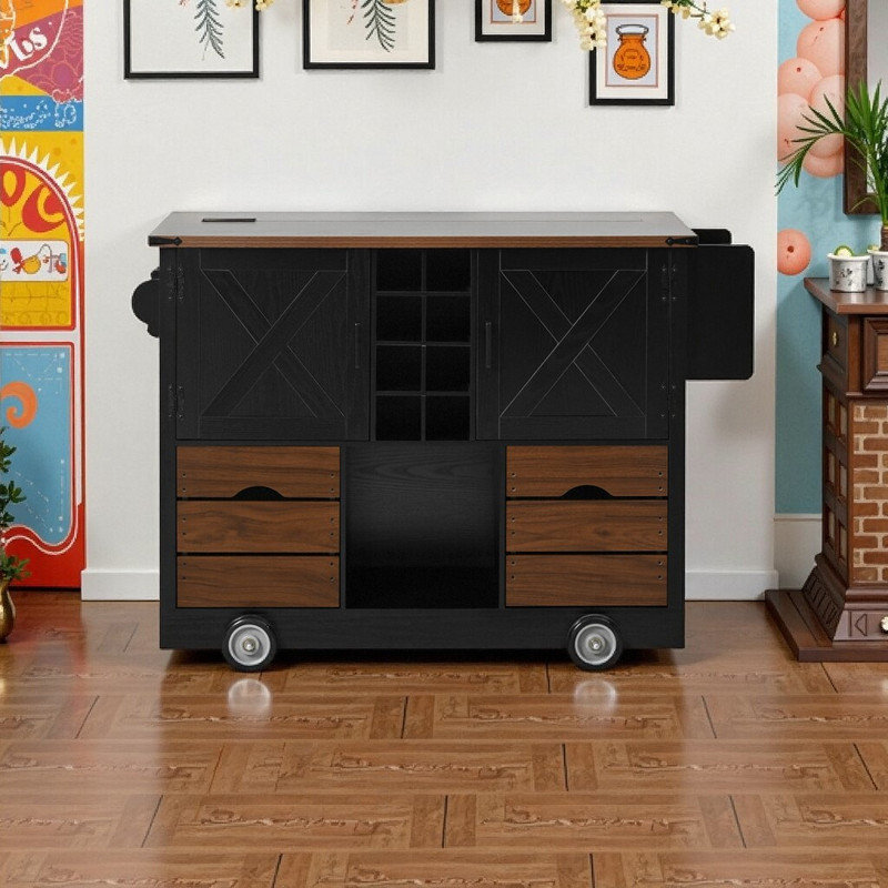 54" Wide Engineered Wood Rolling Kitchen Island With Drop Leaf Power Outlet 2 Doors & 2 Drawers 4 Large Wheels Spice Rack