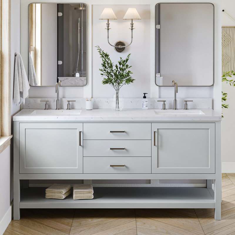 Ensemble de meuble-lavabo double 73 po Abby, Gris, Quartz blanc, Rectangulaire