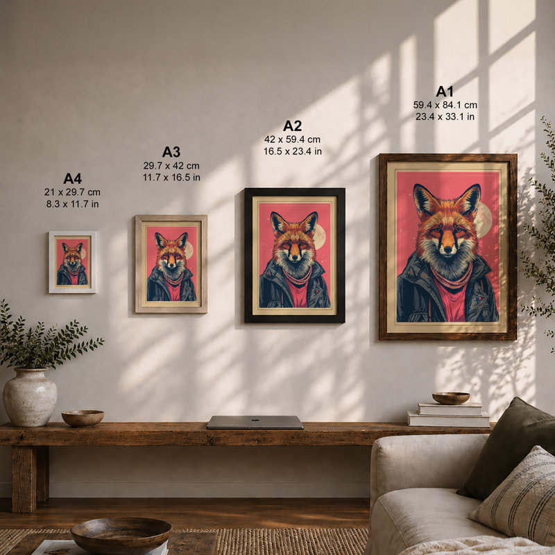 Fox in Navy Jacket Modern - Framed Print, Unframed, A3 - 42.0 x 29.7 cm