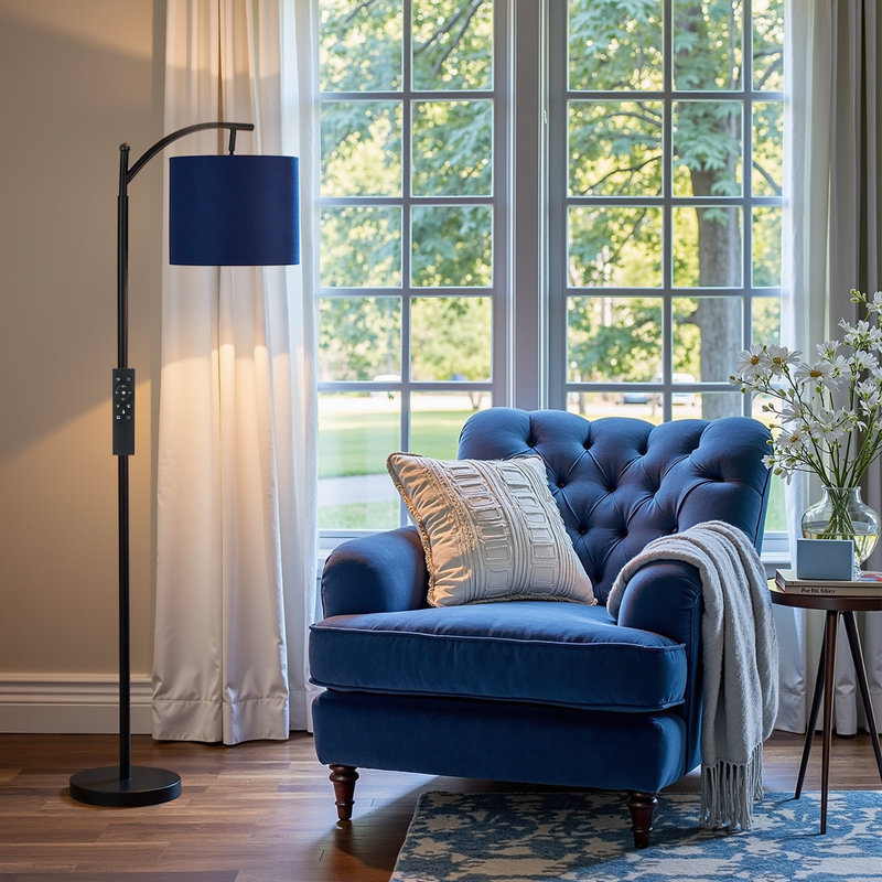 Lampe sur pied arquée 62 po avec télécommande, intensité variable, abat-jour en velours bleu marine, ampoule DEL incluse