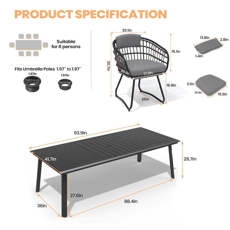 8 - Person Rectangular Aluminum Dining Set with Gray Removable Cushions  and Umbrella Hole (Set of 9), Gray