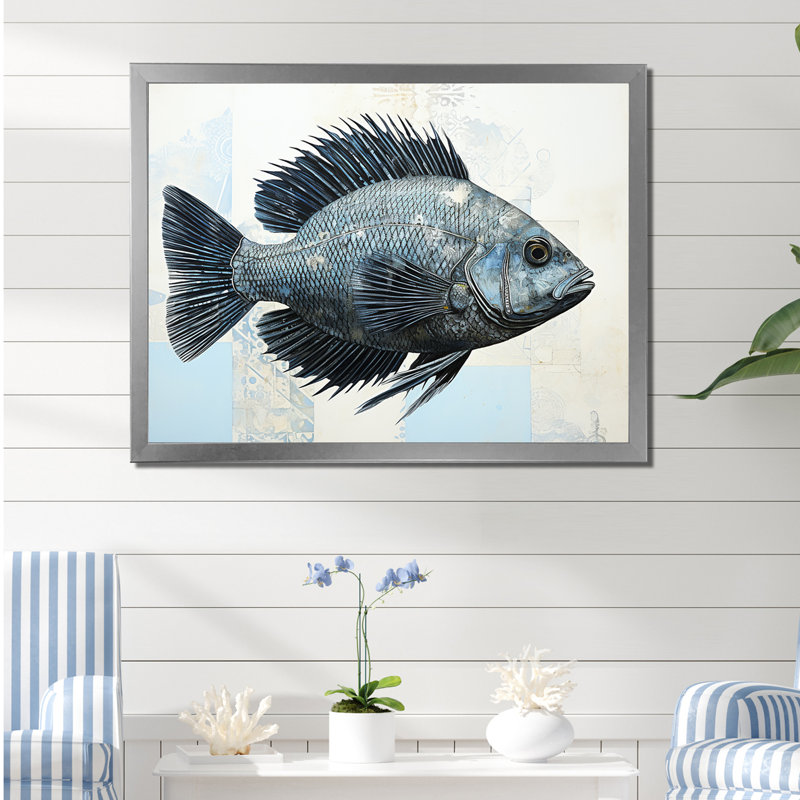 Poisson dans le bleu profond sur toile, H 30 po x l 40 po x P 0,5 po, Cadre simple argenté
