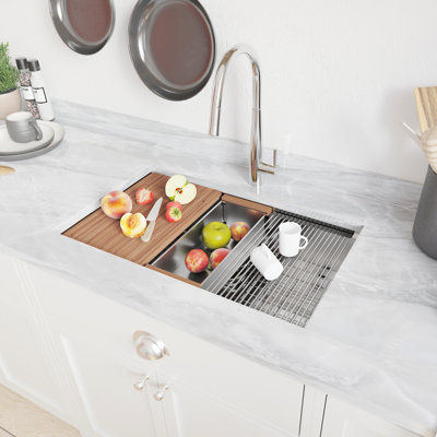 32 X 18 Inch Stainless Steel Undermount Workstation Sink. Gauge Single Bowl. T304 Grade Steel, And Robust. Rust-, Scratch-, Heat-. Ledge Design For Extra Storage. X Grooves Efficient Water Drainage.