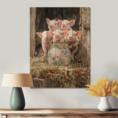 Portrait de lait et de cochons à la grange II - Art mural en bois animal cochon - sur bois de pin naturel