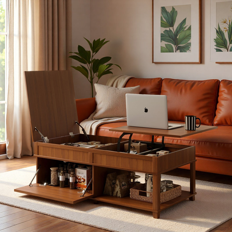 Table basse relevable avec compartiment caché, tablette ouverte et bureau réglable, Brun abricot