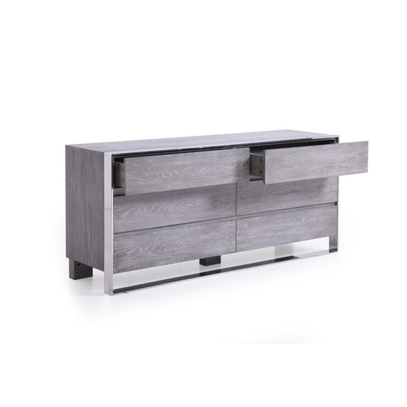 Commode 6 tiroirs avec base en métal et pieds en bloc, gris