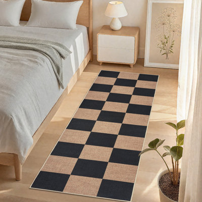 Tapis moderne en jute à carreaux - lavable, antidérapant, tapis géométrique pour le salon, la chambre à coucher, la salle à manger, le vestibule - intérieur extérieur, résistant aux marques - noir