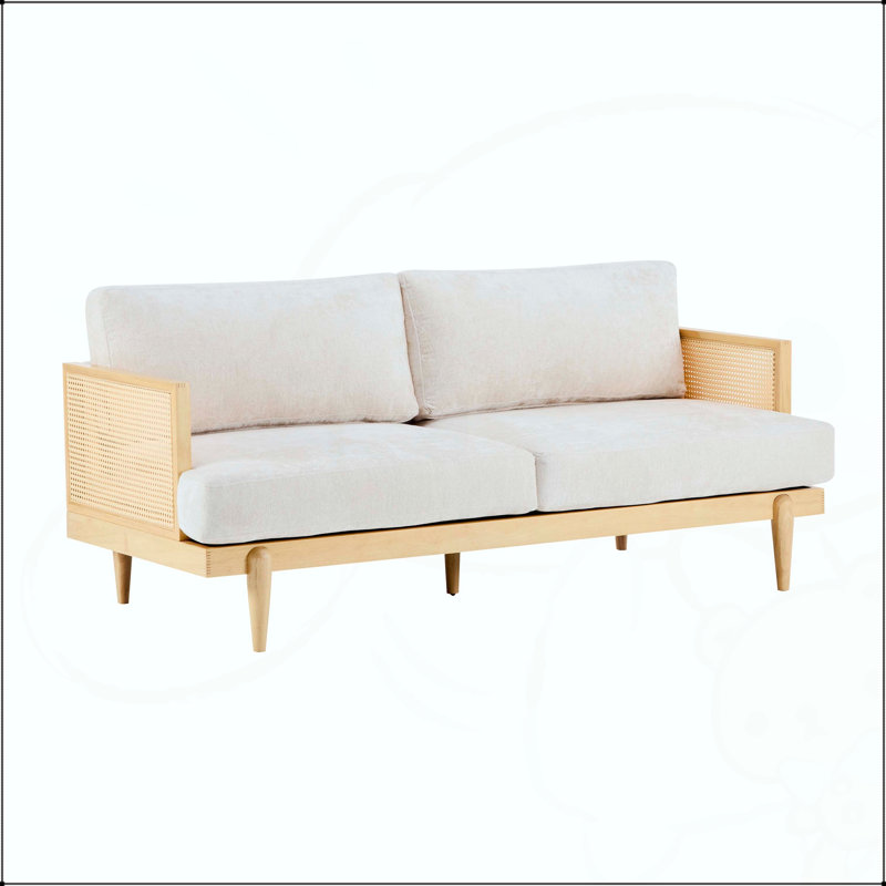 Canapé 72 places à accoudoirs carrés 72 po avec tissage rotin, Natural+Beige Boucle, Natural Wood
