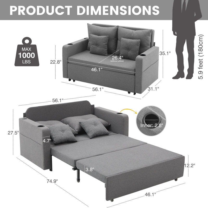 56" 3 in 1 Square Arm Sofa Bed Convertible Loveseat Pull-Out Sleeper Sofa Couch with USB and Cup Holders, Light Gray