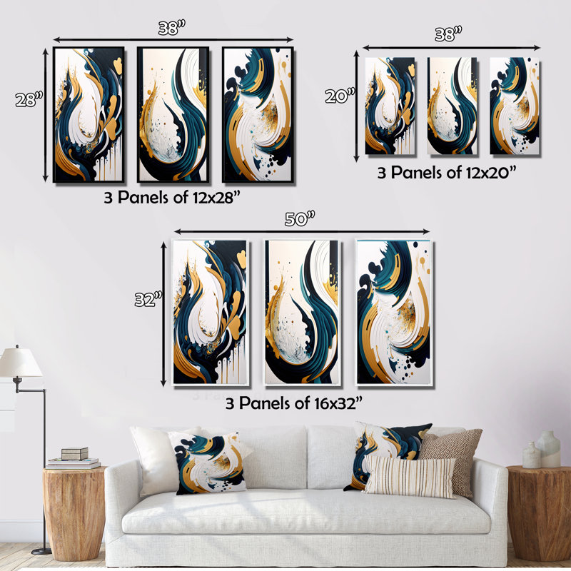 «Blue And Gold Modern Art Abstract Paint», 3 pièces sur toile, Or, H 32 po x l 48 po