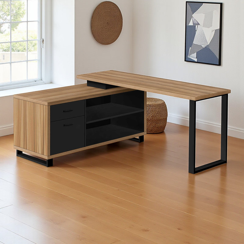Annetha Brown Finish L Shape Computer Desk with Black Metal Legs, 31.12" H X 71.78" W X 59.81" D