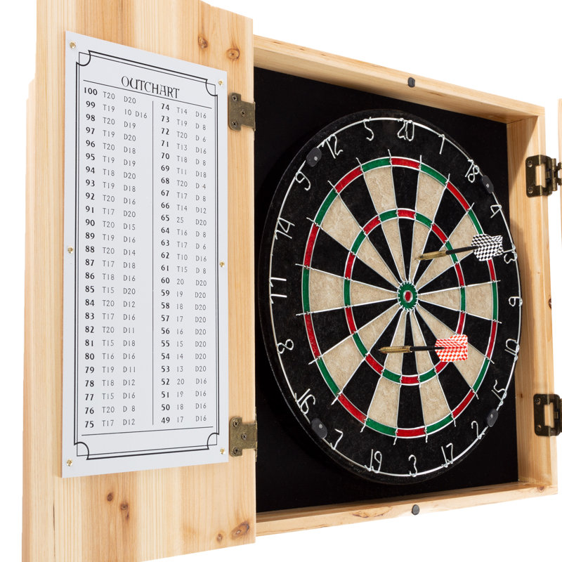 RAM Logo Light Brown Wood Dartboard Cabinet Set with Steel Tip Darts