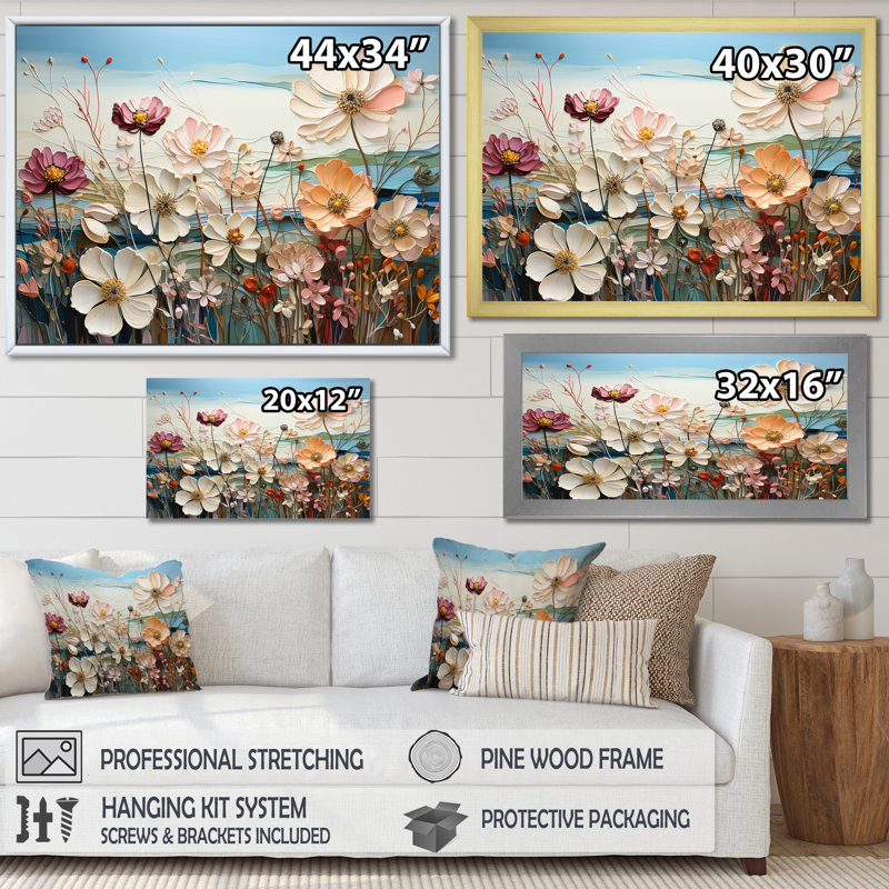 White Morning Glory Flower Field - Décoration murale champ de fleurs, Cadre flottant blanc, H 30 po x l 40 po x P 1,5 po