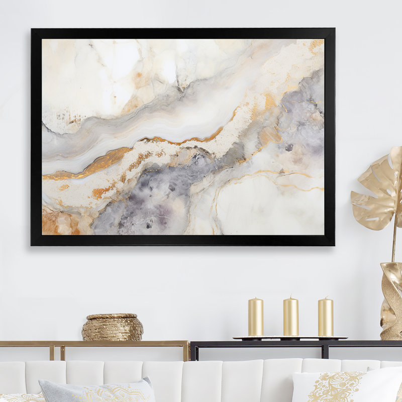 «Beige and Gold Stone Geode Scenery Minimalisme I», reproduction d'art sur toile, Cadre simple noir