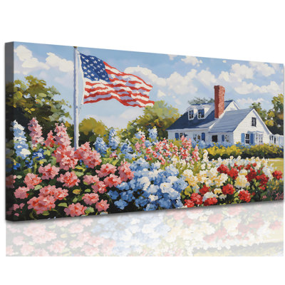  4 juillet, impression sur toile patriotique sur toile, drapeau américain rétro, peinture à la ferme, œuvre d'art florale, drapeau, fête de l'indépendance, photos pour bureau, 16 x 32 po