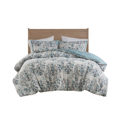 3 Piece Floral Printed Cotton Comforter Set Blue King/Cal King